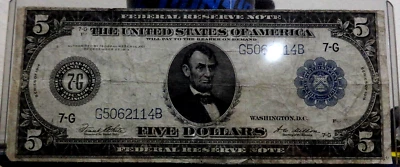 1914-$5-LARGE, FEDERAL RESERVE NOTE-BANK OF "CHICAGO"-WHITE/MELLON SIGS. - Image 1 of 4