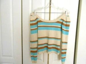 CASHMERE WIDE SCOOP NECK TURQ./CAMEL/ IVORY STRIPED SWEATER - Picture 1 of 2