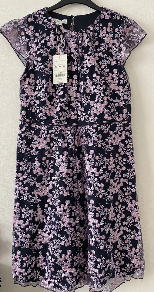 Monsoon Navy Embroidered Mesh Dress Pink Floral Pattern Size 12