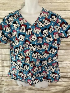 Disney Mickey Mouse Scrub Top Shirt Womens Short Sleeve XL Blue V-neck j378 - Picture 1 of 3