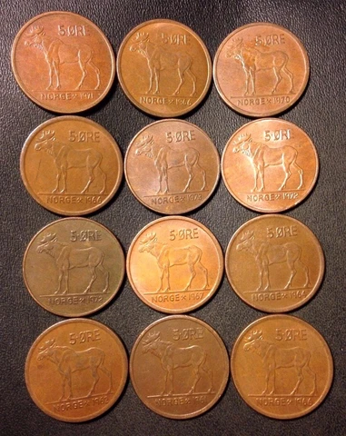 Vintage Norway Coin Lot - 5 Ore - MOOSE SERIES - 12 Great Coins - FREE SHIPPING Cover