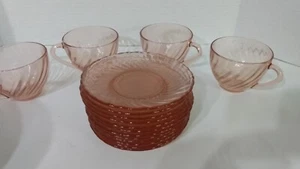 12 Vtg Arcoroc France Pink Rosaline Swirl Glass Depression Saucers and 4 Cups - Picture 1 of 8