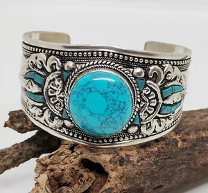 Brazalete Hecho a Mano PT1 Tribal Étnico Asiático Tibetano Plata Turquesa Nepal - Imagen 1 de 4