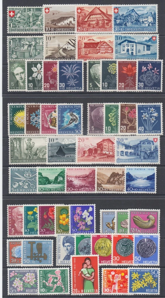 Switzerland Sc B146/B322 MOG. 1945-62 issues, 12 cplt sets, HRs, LH, NH group - Image 1 of 1