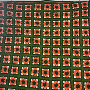 Handmade Crochet Afghan Granny Square Blanket Green Orange 57”x 86” Approx - Picture 1 of 8