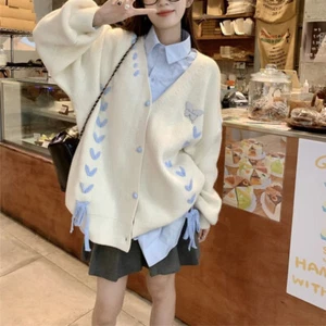 Cardigan donna farfalla stringato maglia maglione top cuore bottoni preppy - Foto 1 di 16