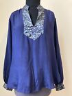 Maharani 100% silk hand woven in india blouse blue with floral trimming size L