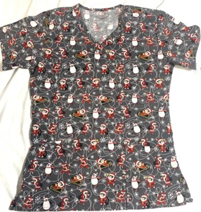 Scrubaid Uniform Top Womens Medium Christmas Santa Clause Grey Red Black V Neck - Picture 1 of 6