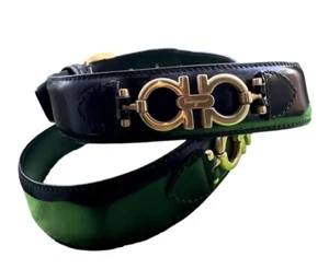 SALVATORE FERRAGAMO Black Leather Gold Gancini Women Belt Made in Italy 34 - Picture 1 of 15