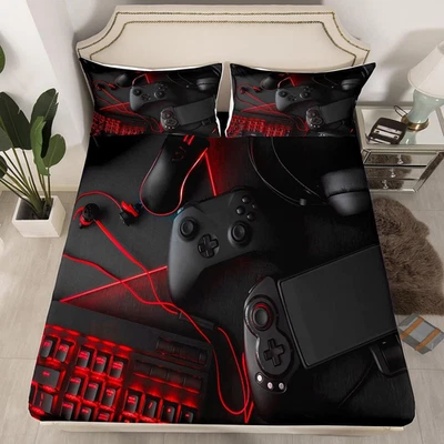 Juegos de cama completos para juegos, para niños adolescentes niños negro rojo gamepad gamer ajustado ella Foto 1 de 4