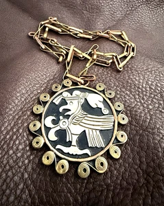Vintage Mexican Aztec Mayan Copper Sterling Brass Eagle Warrior Pendant 1960's - Picture 1 of 7