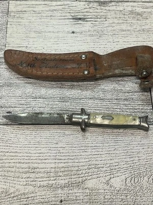 Vintage Miniature 3-7/8" Fixed Blade (1-3/4") Knife Celluloid Handle Sheath USA - Image 1 of 4