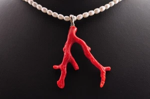 925 Silver red coral and pearl Necklace (17.3in 50.5ct) with Certificate case. - Picture 1 of 17