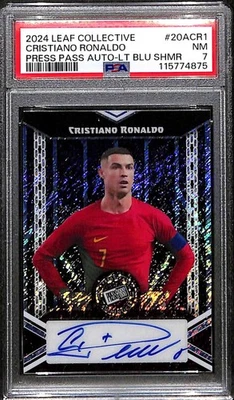 Pase de prensa de hojas 2024 autógrafos azul brillo Cristiano Ronaldo automático 2/10 PSA 7 Foto 1 de 2