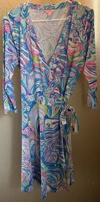 LILLY PULITZER Blue Swirl Long Sleeve Wrap Dress Women’s size Medium - Image 1 of 4