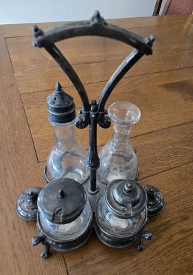 Conjunto de rodízio antigo vitoriano Reed Barton placa de prata Cruet Caddy - Imagem 1 de 4