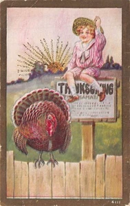 Postkarte: Kind, Thanksgiving-Zeichen und Türkei, 1912, antik - Bild 1 von 2