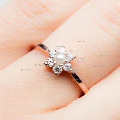 Ювелирные изделия ручной работы кольцо с жемчугом драгоценным камнем цветком бриллиантом чистое желтое золото 14 карат - Изображение 1 из 2