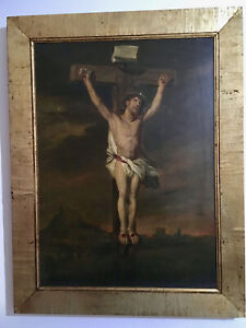 Antique Hand Painting Oil on Canvas XVIII Century, Crucifixion of Jesus Christ