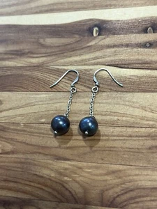 Genuine Black Pearl 925  Sterling Silver Minimal Drop Dangle Earrings - Picture 1 of 4