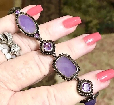 💜QVC Pulsera de 8” de 8” de piedras preciosas de amatista y cabajón negro oxidado 👍 Foto 1 de 4