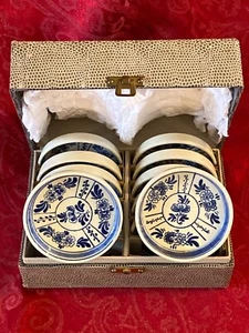 Hand painted signed Ceramic Coasters Vintage Box Set of 12 Blue design - Picture 1 of 7
