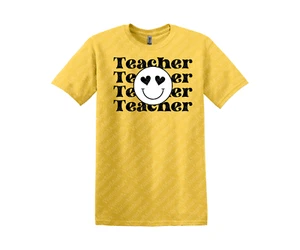 Boho Teacher T shirt yellow fun smiley face emoji motivational back to school - Picture 1 of 2