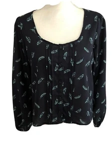 Mudd Women's LS Button Up Navy Blouse w Light Blue Leaves Cropped  Size M - Picture 1 of 10