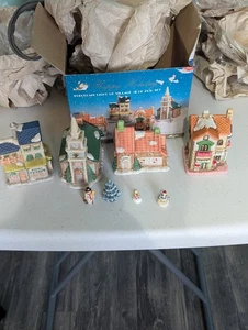 Happy Holidays porcelain Christmas Village 8 Piece Light Up Set - Picture 1 of 15