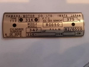 Typenschild Schild Yamaha Motorrad RD350 RD 350 31k  pva 82/6559 S105 bike - Picture 1 of 1