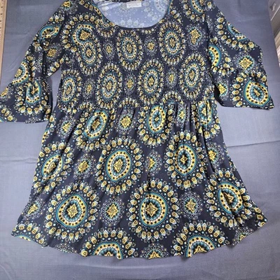 Blusa túnica Bobbie Brooks talla grande 2X negra amarilla verde azulado estampado medallón Foto 1 de 4