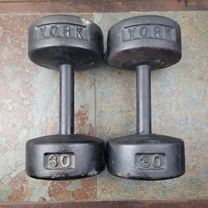YORK BARBELL testa rotonda manubri vintage pre USA coppia di 30 libbre - Foto 1 di 15
