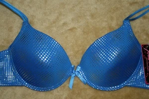 Blue 34B Plunge Bra W Bow In Middle & Shiny Silver Squares All Over It - Picture 1 of 4
