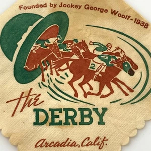 Cocktail Bar Paper Napkin California 1930s-50's The DERBY Arcadia Horse Racing - Picture 1 of 5
