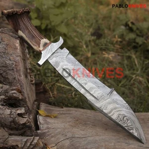 Cuchillo Bowie de Caza de Acero Damasco Hecho a Mano Personalizado 17" Corona Ciervo Cuerno Mango - Imagen 1 de 2