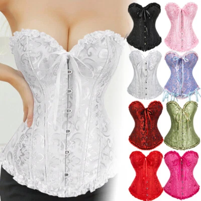 Women Corset Bustier Top Burlesque Basque Overbust Boned Lace Up Costume White - Image 1 of 4