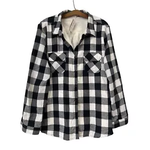 E. Luna Sherpa Lined Plaid Button Shacket Womens 3X Black White Polyester NEW - Picture 1 of 7