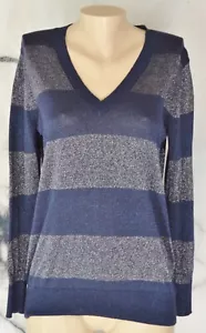 GAP marineblau glitzernder gestreifter leichter Pullover kleiner V-Ausschnitt Langarm - Bild 1 von 7