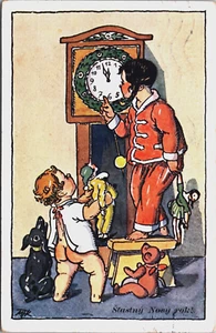Feliz Año Nuevo Niños Con Juguetes Esperando Año Nuevo Postal Vintage B202 - Imagen 1 de 2