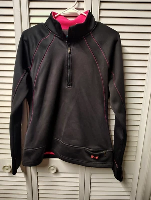 Under Armour SZ L Ladies Semi Fitted Black Jacket LS 1/4 Zip Thumb Holes Pockets - Image 1 of 4
