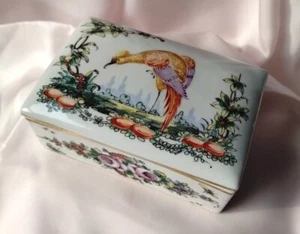 Antique France BIRD FLORAL Ceramic Trinket Jewelry Box Hand Painted White Lidded - Picture 1 of 13