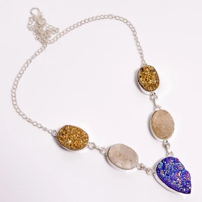 Natural Multi Titanium Druzy Gemstone Chain Necklace 925 Silver For Girls - Image 1 of 3