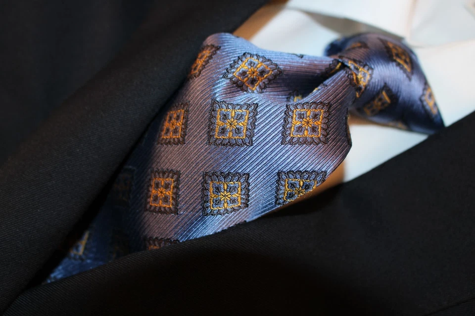 DOLCE & GABBANA Blue Yellow Gold Black Geometric Silk Necktie TIE 58.5"x 3.75" - Image 1 of 4