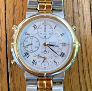 Vintage Seiko Chronograph Alarm Date Men's Watch White Dial 7t32-7a09 New Batter - Picture 1 of 5