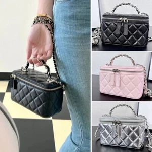 Small Quilted Real Leather Lambskin Vanity Case Purse w/ Silver Chain Crossbody - Picture 1 of 20