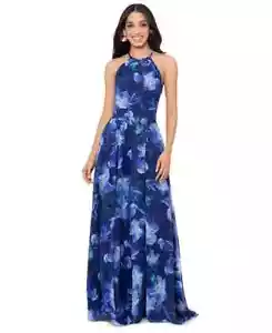 Betsy & Adam Women's Floral-Print Halter Gown Formal Maxi Dress Royal Blue 4 - Picture 1 of 14