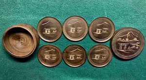 VINTAGE ROUND WOODEN COASTER SET MADE IN JAPAN 1940's NEVER USED - Picture 1 of 4