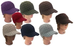 Men Women Winter Visor Beanie Crochet Knit Hat Cadet Ski Beanie Cap - One Size  - Picture 1 of 16