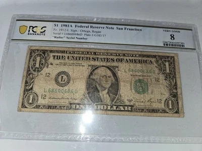 1$ 1981A Federal Reserve Note San Francisco Very Good 8 "Radar" Serial Number - Image 1 of 4