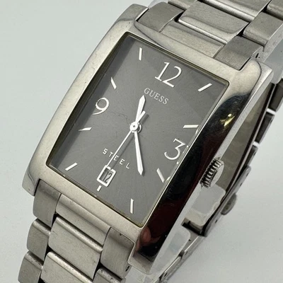 Guess Quartz Watch Men 50m Silver Steel Rectangle Date Analog New Battery 8" - Image 1 of 4